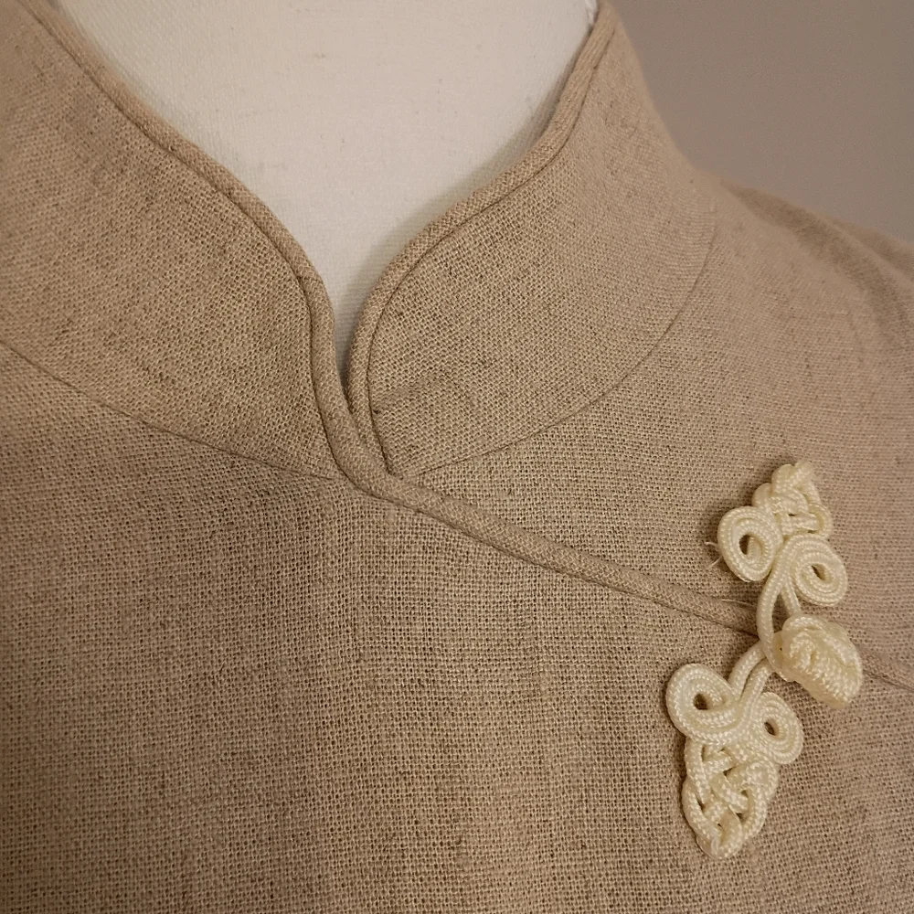 David Warren Beige Qpao Cheongsam with Pankou Linen Blend Women Dress Size 14 - Picture 4 of 11
